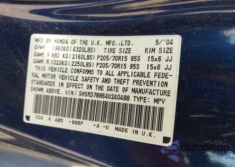 2004 Honda Cr-V Ex from USA, damaged, VIN SHSRD78864U240488